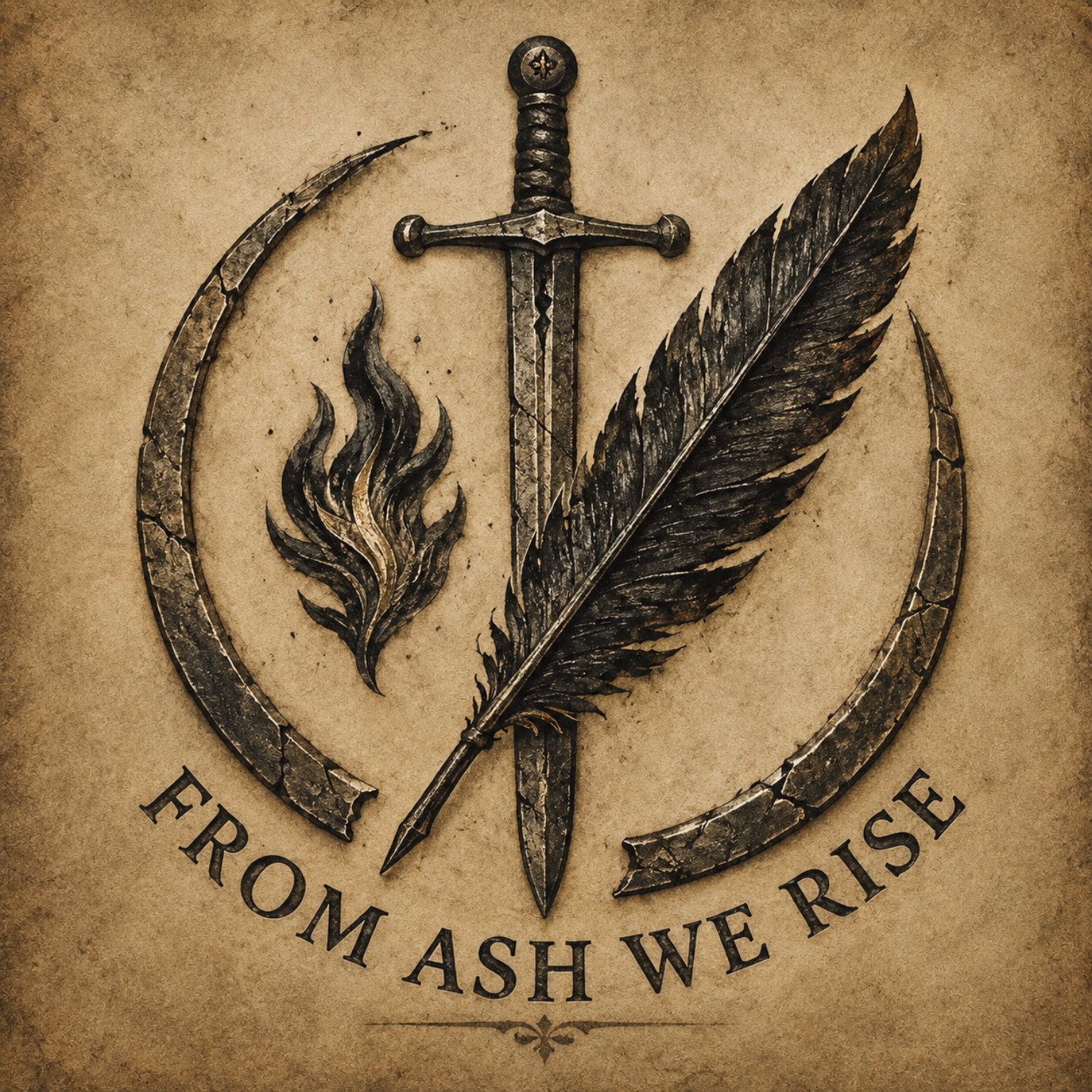 The crest of the Ashen Guard with sword, flame, feather and broken circle
