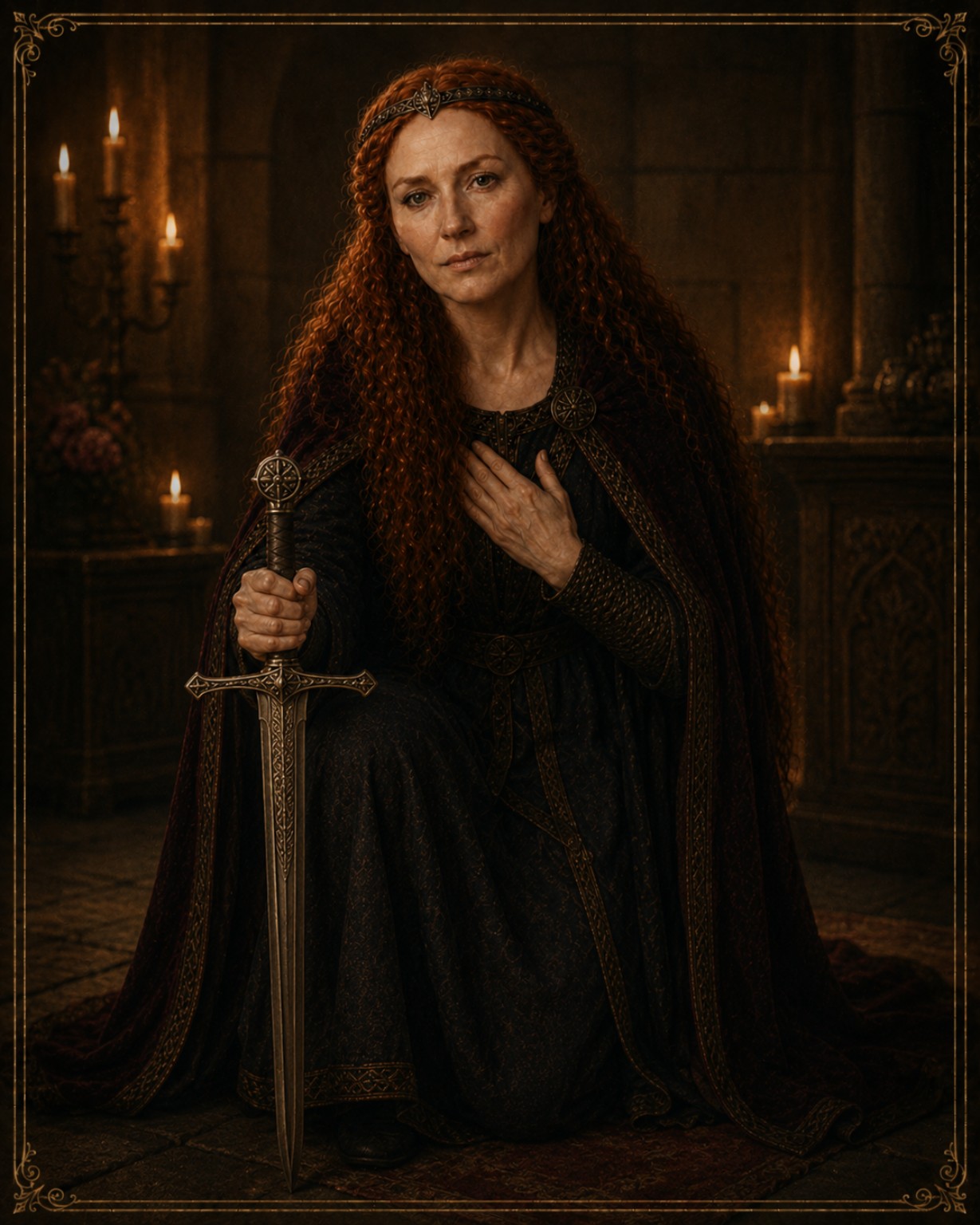 Candlelight portrait — the Evelyne used for the Ask Evelyne room.