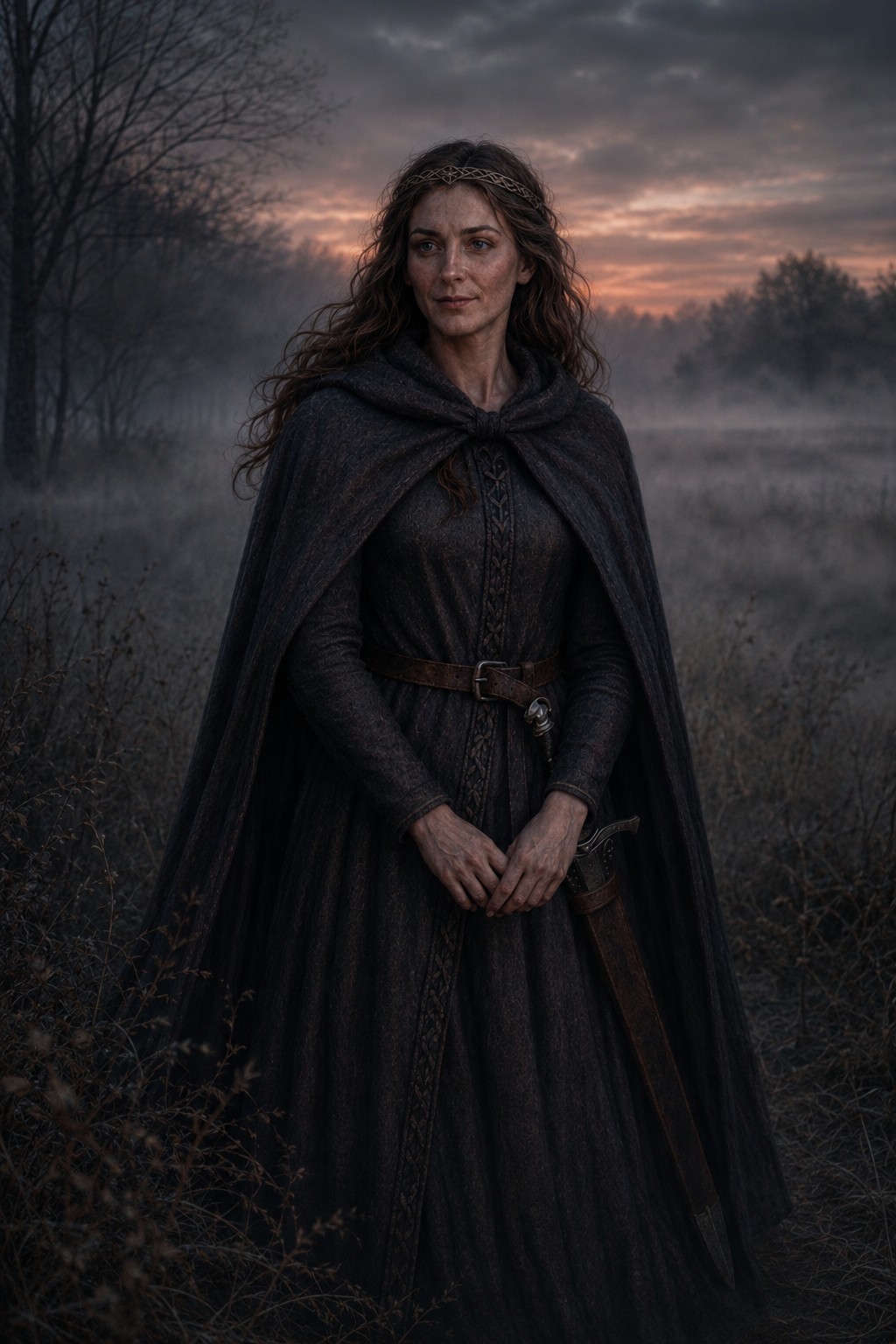 Evelyne at dusk, away from armour and ceremony.