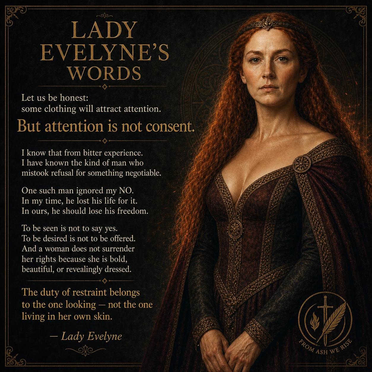 Quote artwork headed Lady Evelyne’s Words about attention and consent.
