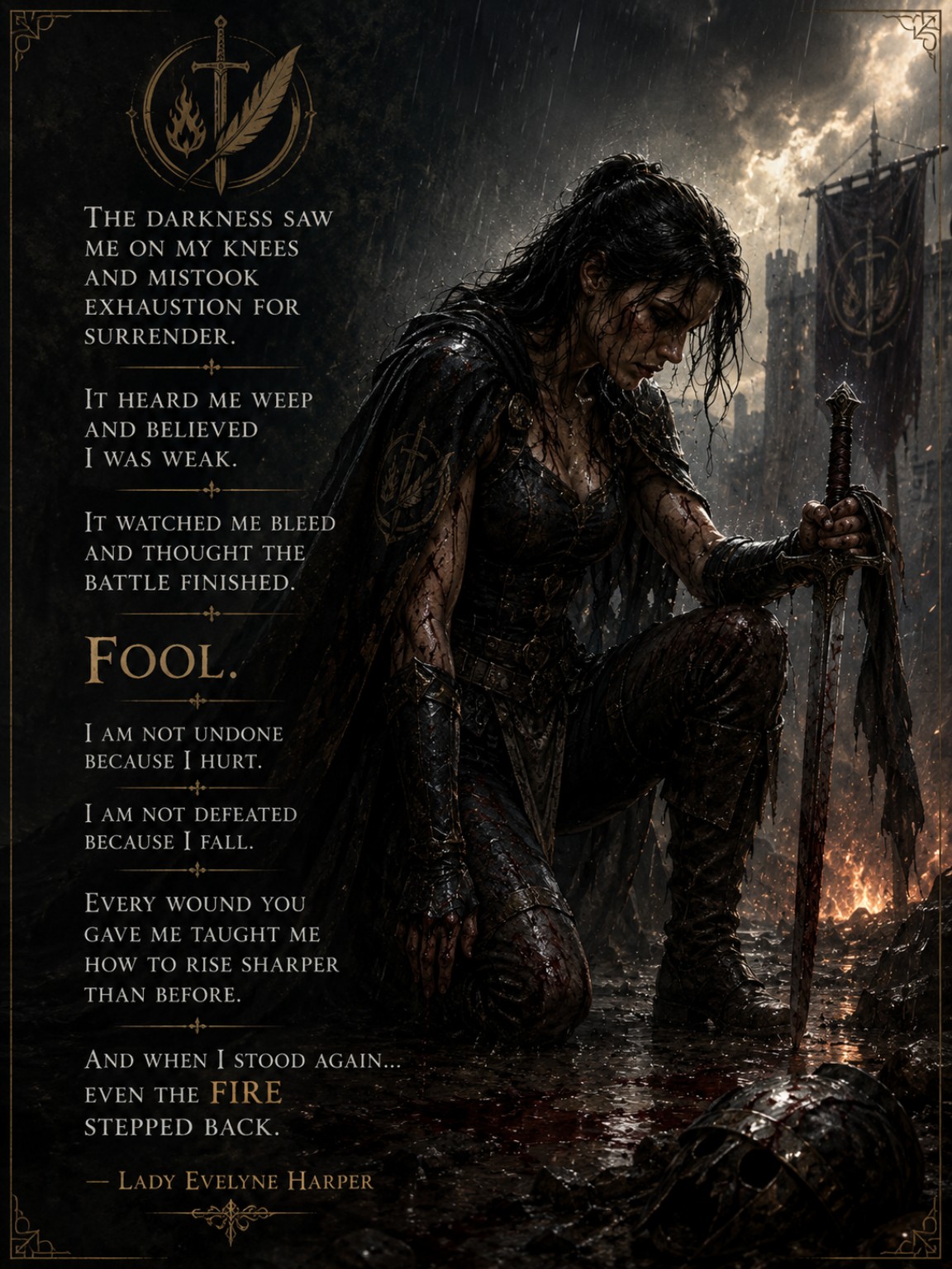 Quote artwork of Lady Evelyne kneeling in the rain with a long passage beginning The darkness saw me on my knees.