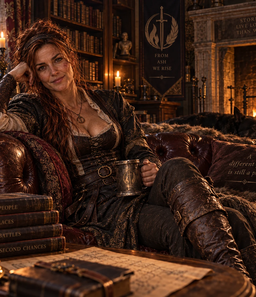 Lady Evelyne Harper relaxed in her library, with the dog behind her and the words on the cushion visible