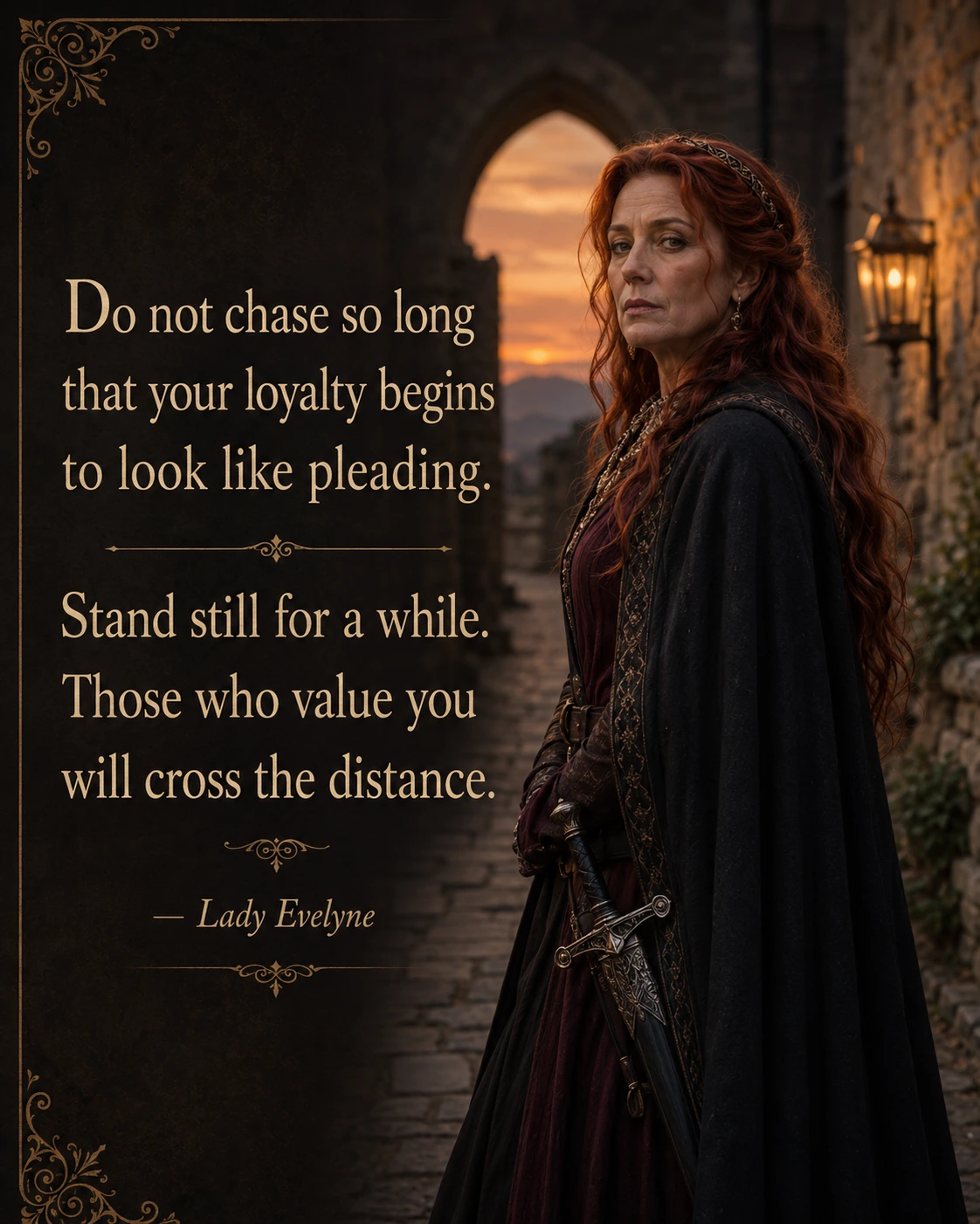 Quote artwork of Lady Evelyne at dusk about loyalty and distance.