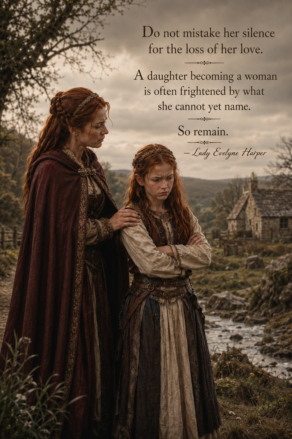 Quote artwork of Lady Evelyne and a younger girl by a stream.