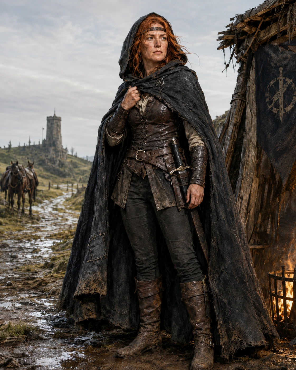 Lady Evelyne Harper in a hooded cloak on the northern road beside a rough shelter.