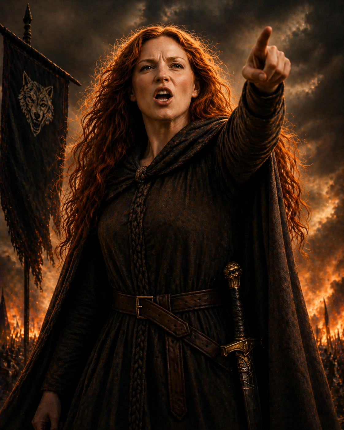 A younger Lady Evelyne Harper shouting a command on the battlefield