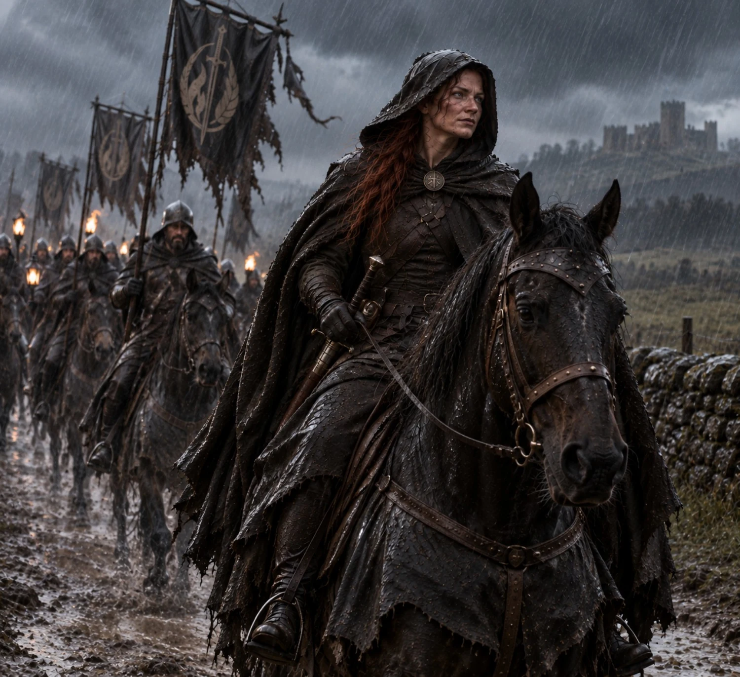 Lady Evelyne Harper riding Seal with the Ashen Guard in heavy rain