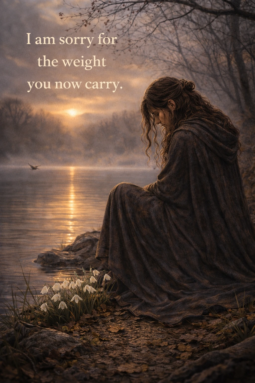 Lady Evelyne seated beside a lake at dusk with the words I am sorry for the weight you now carry.
