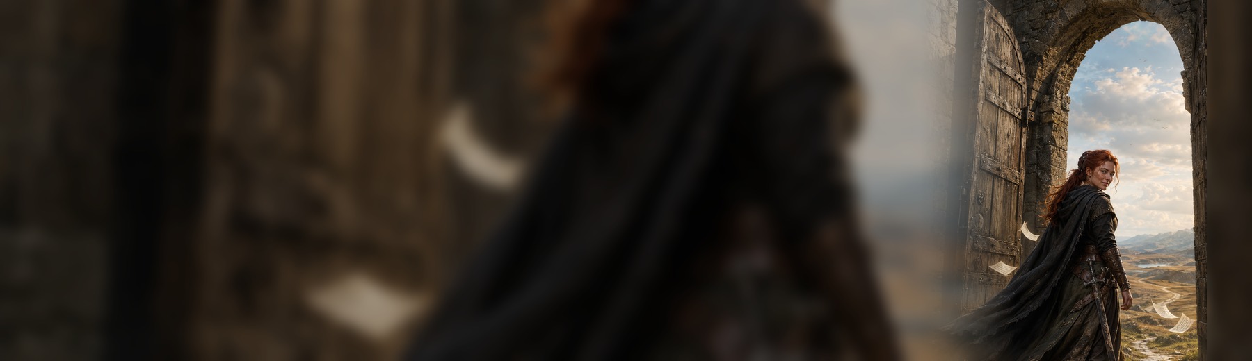 A young Lady Evelyne leaving through fortress gates