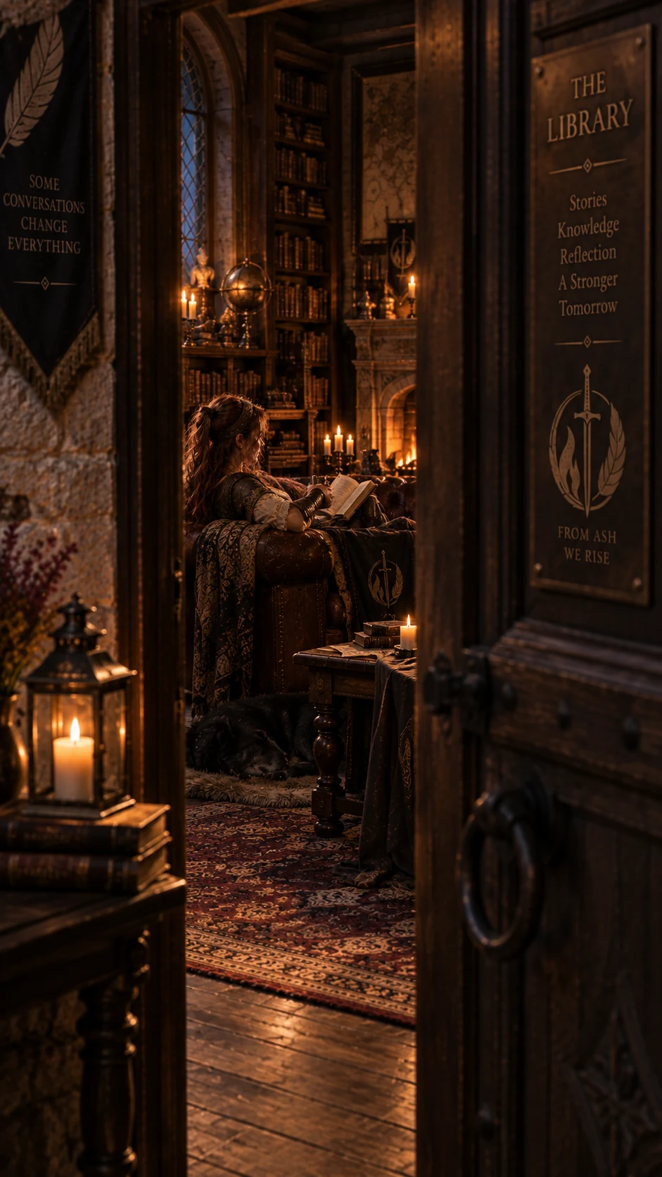 Through the library doorway, Lady Evelyne Harper is seen reading by the fire