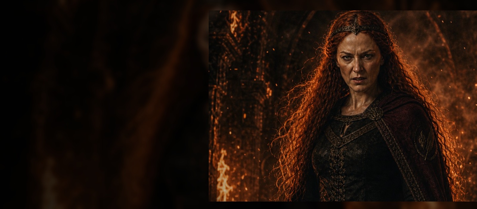 Lady Evelyne Harper standing before fire, carrying the fierce side of her legend